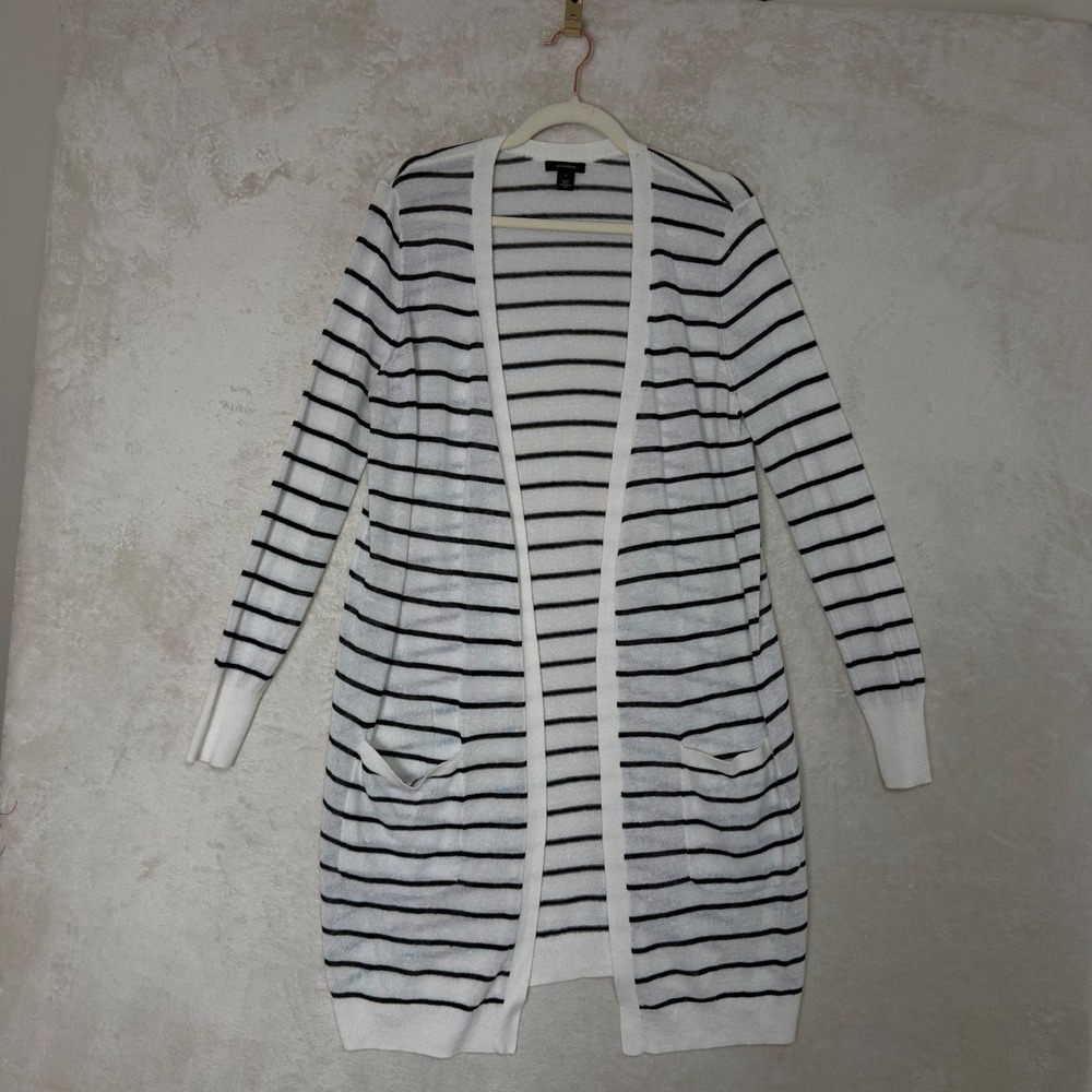 Halogen Small White Black Striped Linen Blend Open Front Long Cardigan Coastal